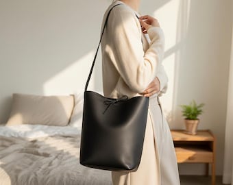 Large Genuine Leather Bucket Bag for Women – Minimalist Shoulder Tote, Soft Cowhide Commuter Bag