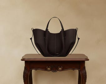 Ebony Genuine Leather Bucket Tote Handbag Minimalist Everyday Shoulder Purse Magnetic Closure Elegant Carryall