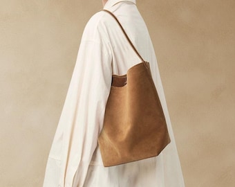 Frosted Suede Genuine Leather Bucket Tote Bag Women Large Capacity Shoulder Handbag