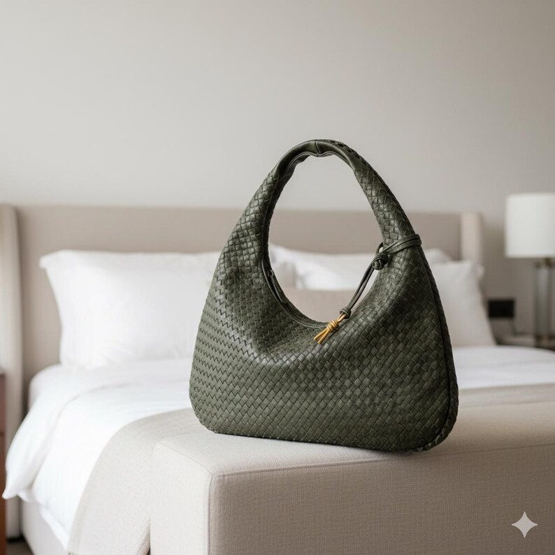May include: Olive green woven leather shoulder bag with a curved design. The bag features a single handle and a decorative gold-toned accent. The bag is displayed on a neutral-toned ottoman in a bedroom setting.