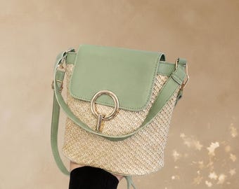 Woven Crossbody Bag Minimalist Shoulder Purse Straw Texture Bucket Handbag Everyday Casual Fashion Bag