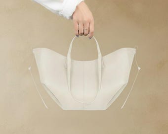 Large White Genuine Leather Winged Bucket Tote Shoulder Handbag Magnetic Closure
