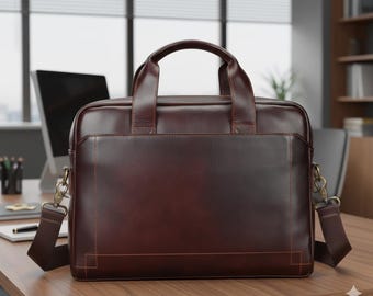 Men's Genuine Leather Briefcase Professional Laptop Handbag Structured Office Commuter Business Carry Work