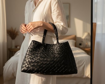 Large Handwoven Tote Bag Soft PU Commuter Shoulder Carryall Daily Work Style Urban