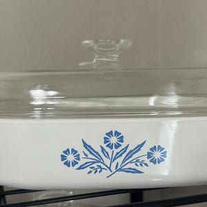 May include: White casserole dish with a clear glass lid. The dish features a blue floral design on the front. The lid has a clear, decorative handle. The dish is sitting on a black wire shelf.