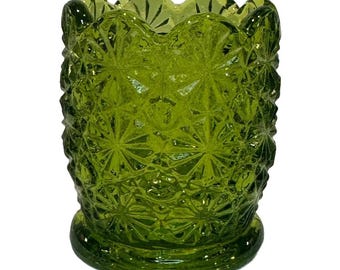 Vintage L.E. Smith Daisy & Button Green Glass Toothpick Holder