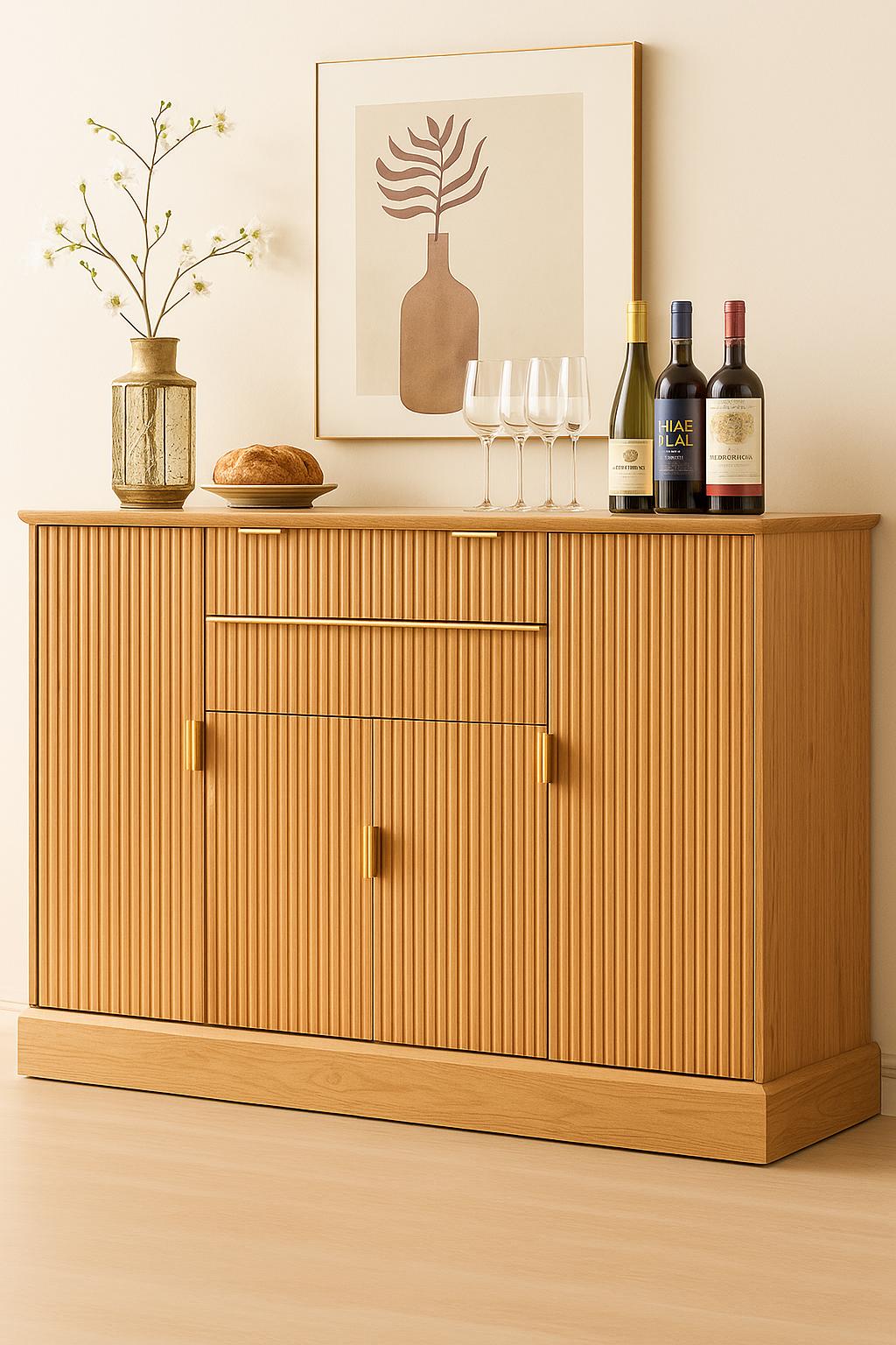 Buffet Moderne De 58 Po. Rustique Avec Tablettes Réglables, Bar À Café En Bois Naturel Tiroirs Et 4 Portes Pour La Cuisine Le Salon