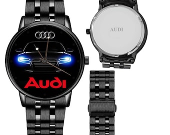 Audi Logo Watch for Men, Luxury Car Enthusiast Wristwatch, Black Leather Strap Stainless Steel