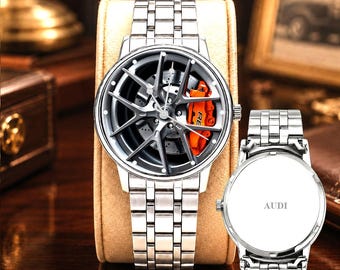 Relógio Audi Masculino, Rodas Audi R8 em Couro, Aço Inoxidável