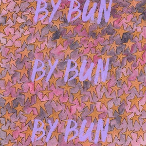 May include: A purple background with a pattern of gold stars. The words "By Bun" are written in purple letters three times, stacked on top of each other.