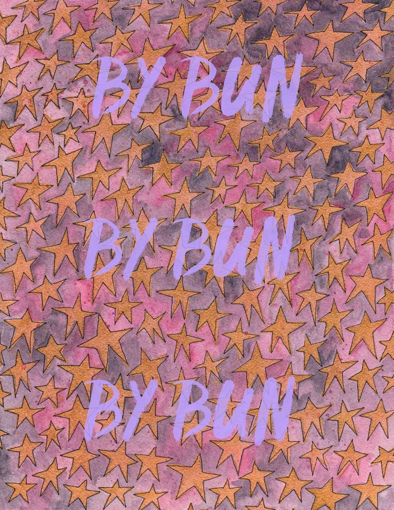 May include: A purple background with a pattern of gold stars. The words "By Bun" are written in purple letters three times, stacked on top of each other.