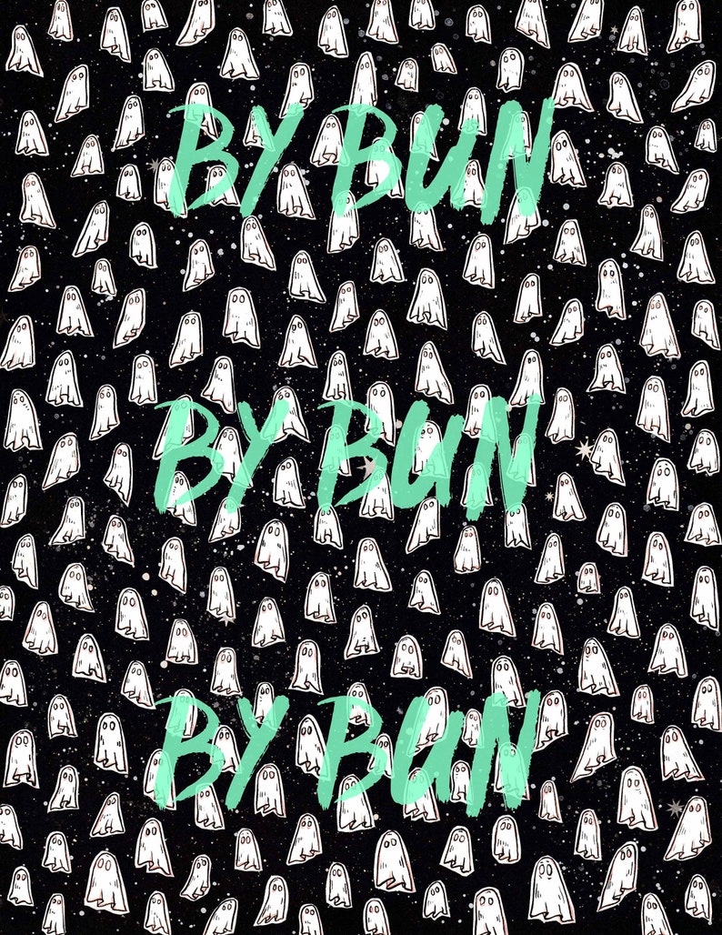 May include: A black background with a repeating pattern of white ghosts. The text "By Bun" is written in green across the image three times.
