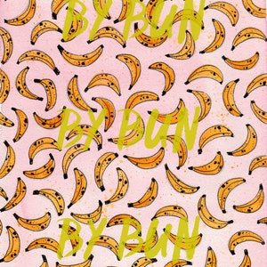 May include: A pink background with a repeating pattern of yellow bananas with black spots. The text "BY BAN" is repeated three times in a green font.
