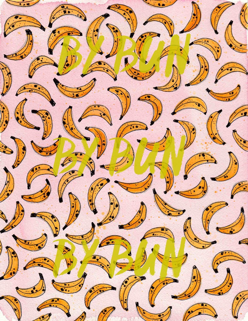 May include: A pink background with a repeating pattern of yellow bananas with black spots. The text "BY BAN" is repeated three times in a green font.