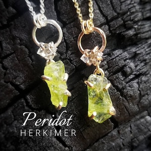PERIDOT Herkimer Diamond Necklace | Raw Natural Mined Peridot | 14k Gold Filled or 925 Sterling Silver | August Birthstone