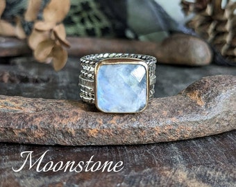 MOONSTONE Ring | Square Rose Cut Moonstone Ring Stack | 14k Gold & 925 Sterling Silver Mixed Metal Moonstone Stacking Rings