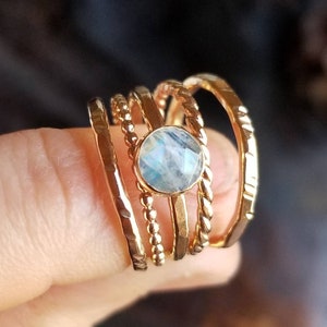 MOONSTONE Ring Stack | 14k Gold Filled or 925 Sterling Silver | 6mm Rose Cut Faceted Rainbow Moonstone Stackable Rings