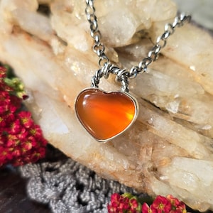 CARNELIAN HEART Necklace | 925 Sterling Silver Smooth Orange Carnelian Chunky Chain Puffy Heart Pendant Necklace