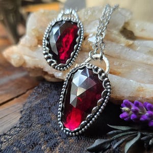GARNET Necklace | Large 925 Oxidized Sterling Silver Faceted Rose Cut Natural Genuine Garnet Statement Pendant