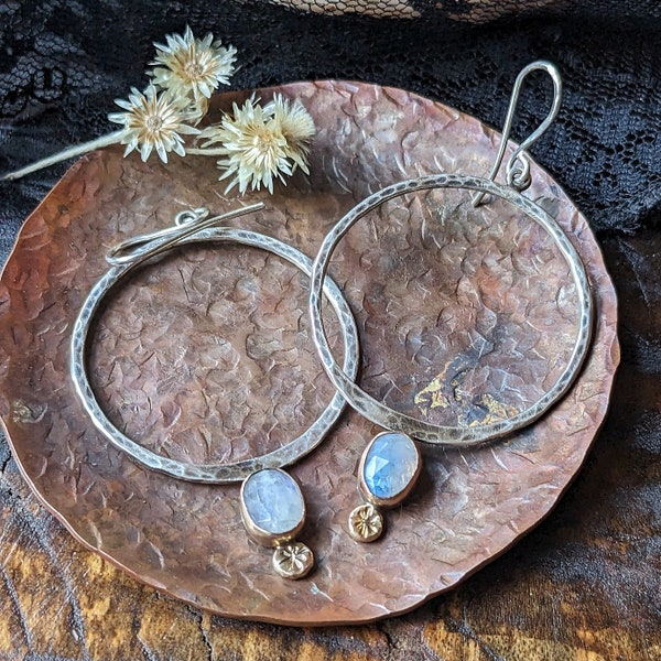 MOONSTONE Hoop Dangle Earrings | Flashing Rose Cut Moonstone Mixed Metal 925 Oxidized Sterling Silver & 14k Gold | Hammered Hoop Earrings