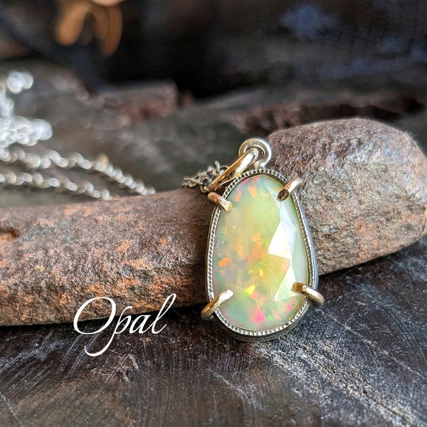 OPAL Necklace | Ethiopian Rose Cut Opal Necklace | Mixed Metal Oxidized 925 Sterling Silver 14k Gold Opal Pendant