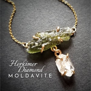 HERKIMER MOLDAVITE Crystal Necklace | Raw Moldavite Genuine Herkimer Diamond Quartz Pendant | 14k Gold, 14k Filled or 925 Sterling Silver