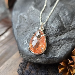 SUNSTONE Necklace | Faceted Sparkling Confetti Natural Earth Mined Sunstone 925 Sterling Silver Delicate Petite Simple Prong Pendant