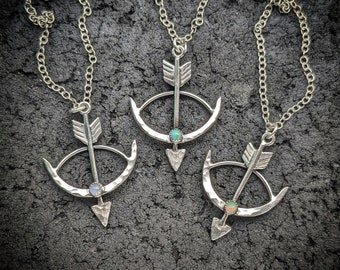 BOW & ARROW  Necklace | 925 Sterling Silver Handcrafted Archery Crescent Bow And Arrow Necklace | Turquoise, Moonstone, Sunstone, Opal