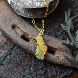 OPAL Crystal Necklace | Raw Natural Uncut Ethiopian Welo Opal 14k Gold Filled Prong Set Claw Necklace | Golden Multicolor Rainbow Flash Opal