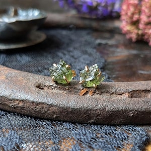 RAW MOLDAVITE Stud Earrings| Pair or Half Pair Genuine Certified Moldavite Ear Studs | 14k Gold or 925 Sterling Silver
