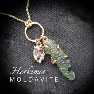 MOLDAVITE Necklace | Raw Moldavite Herkimer Diamond Quartz Necklace | 14k Gold Filled | Lybian Desert Glass Tektite Pendant