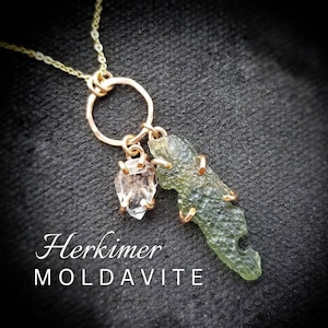 MOLDAVITE Necklace | Raw Moldavite Herkimer Diamond Quartz Necklace | 14k Gold Filled | Lybian Desert Glass Tektite Pendant