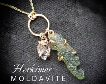 MOLDAVITE Necklace | Raw Moldavite Herkimer Diamond Quartz Necklace | 14k Gold Filled | Lybian Desert Glass Tektite Pendant