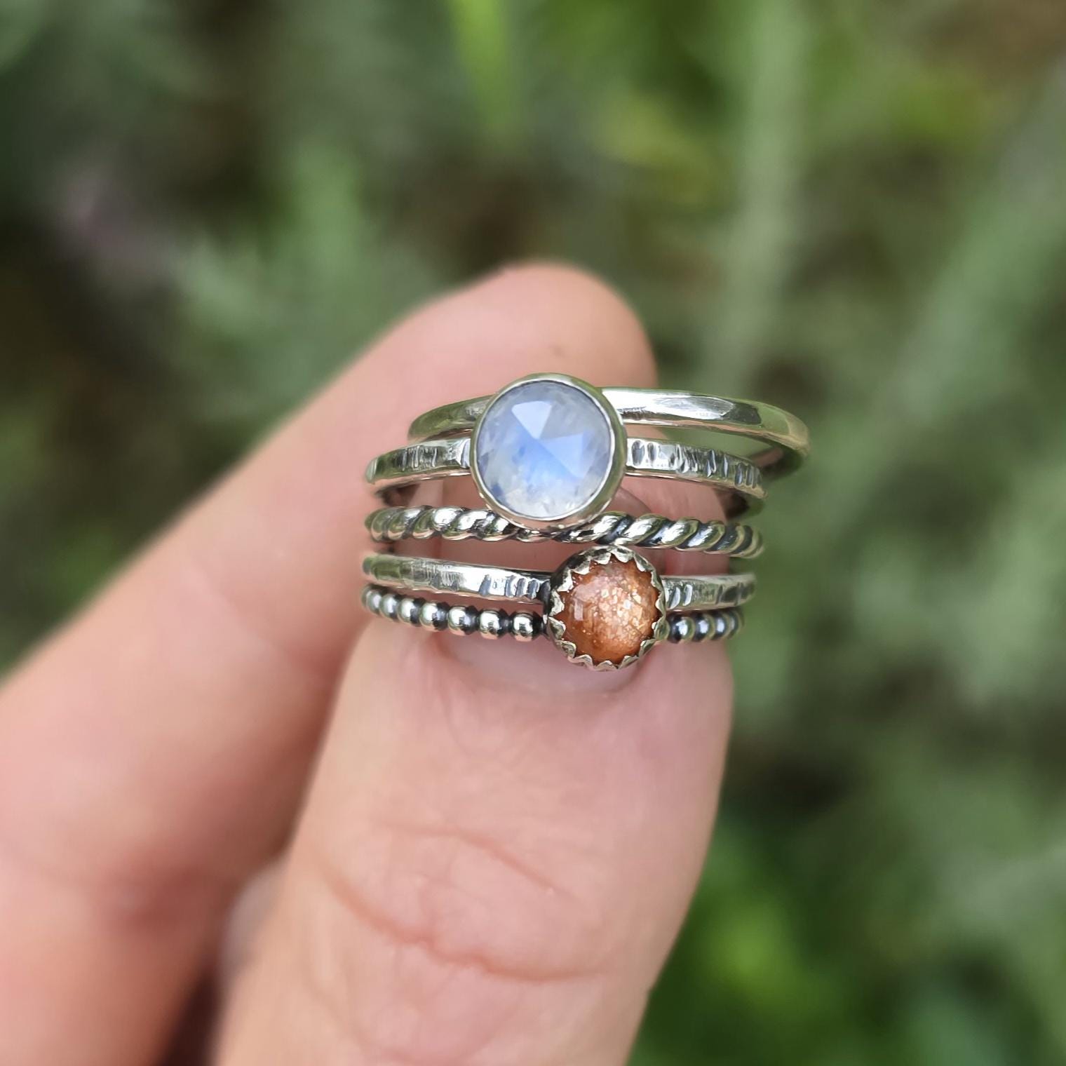 SUNSTONE MOONSTONE Rings | Sun and Moon Ring Stack 0xidized 925