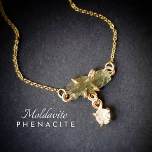 PHENAKITE MOLDAVITE Crystal Necklace | Raw Moldavite Phenacite Necklace | 14k Gold Filled Dainty Mixed Crystal Necklace