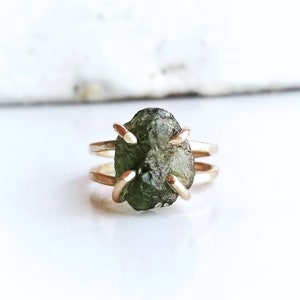 MOLDAVITE Ring | 14k Gold Filled Double Banded Claw Ring | Raw Certified Czech Republic Earth Mined Moldavite | Meteor Impact Glass