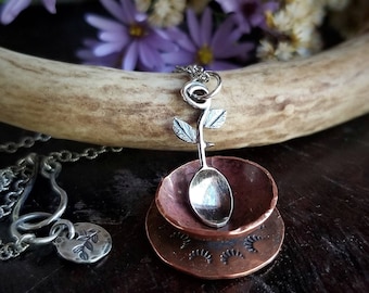 SILVER SPOON Necklace | 925 Oxidized Sterling Silver Tiny Spoon Charm | Handcrafted Rustic Silver Thorny Vine Botanical Spoon