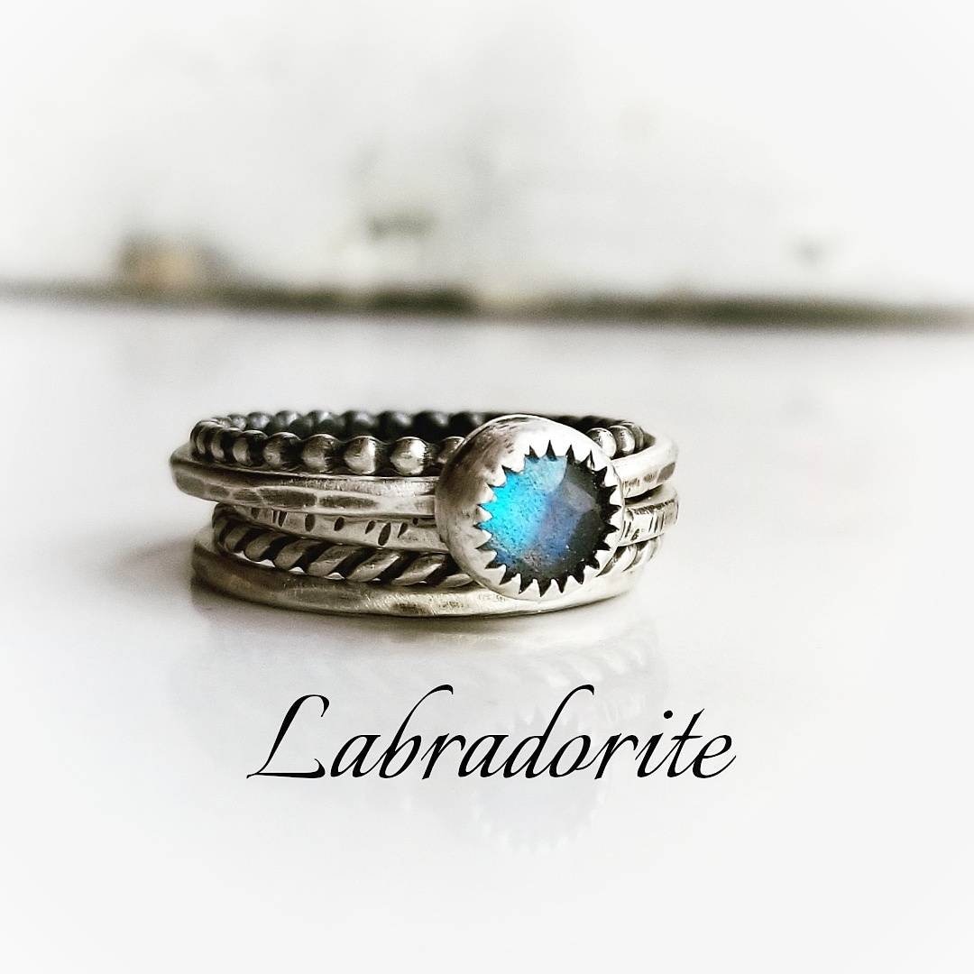LABRADORITE Sterling Silver Ring Stack Aurora Borealis Stone