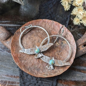 TURQUOISE HAWK Earrings  | 925 Sterling Silver Tribal Boho Dangle Hoop Earrings | Kingman Arizona Turquoise Bird Earrings