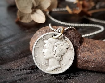 Collana con moneta da 10 centesimi di dollaro (Mercury Dime) in argento sterling / Collana con moneta vintage / Collana con moneta da 10 centesimi degli Stati Uniti / Collana con moneta d'argento e catena di perline in argento 925