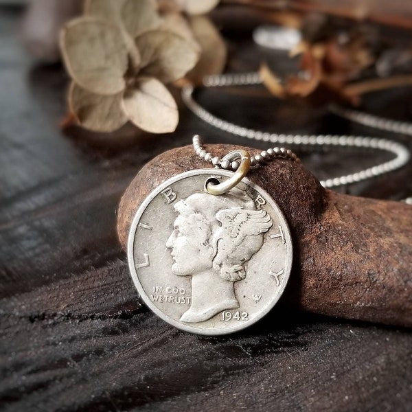 Collier en argent sterling MERCURY Dime | collier de pièces de monnaie vintage | Collier Dime des États-Unis | Collier de pièces en argent Chaîne de perles en argent 925