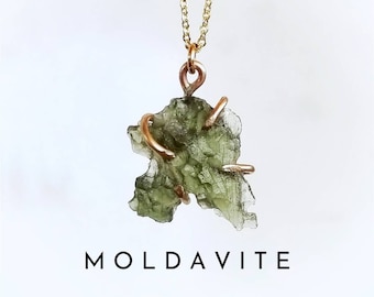 Collier MOLDAVITE | Collier moldavite brute en or ou en argent sterling | 0,5 gramme - 1,5 gramme | Pierre météore moldavite certifiée de République tchèque