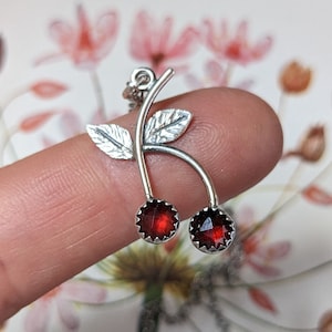 GARNET CHERRY Necklace | 5mm Rose Cut Garnets Oxidized 925 Sterling Silver | January Birthstone | Cherry Branch Pendant | Garnet Necklace