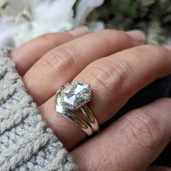 BLACK DIAMOND Salt & Pepper Ring | Custom Made 925 Sterling and Fine Silver Chevron Diamond Ring 1.48 Carat 8.9mm Genuine Diamond Ring