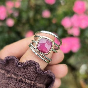 RUBY Ring | Genuine Thai Ruby Mixed Metal 14k Gold & 925 Oxidized Sterling Silver Ring Stack