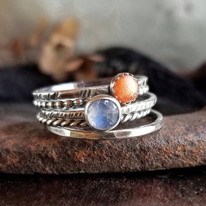 SUNSTONE MOONSTONE Rings Sun and Moon Ring Stack 0xidized 925 Sterling ...