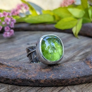 PERIDOT Ring | Large Authentic Afghanistan Mined Untreated Peridot Ring | 925 Sterling Silver Leaf Band Peridot Ring | Gem of the Sun