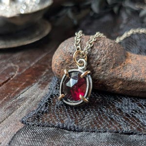 GARNET Necklace | Antique Oxidized Sterling Silver & 14k Gold Filled Mixed Metal Garnet Pendant | Red Rose Cut Garnet Handcrafted Charm