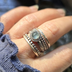 AQUAMARINE Ring Stack | Oxidized 925 Sterling Silver 6mm Rose Cut Faceted Blue Moss Aquamarine Stackable Rings | March Birthstone