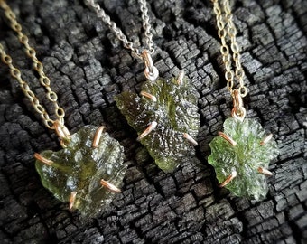 MOLDAVITE NECKLACE | Large Raw Certified Genuine Earth Mined Czech Republic Moldavite Meteor Tektite | 14k Gold Filled or Sterling Silver